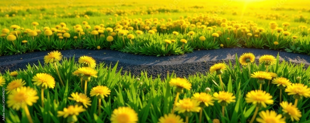 Obraz premium Asphalt ribbon cuts through vibrant yellow dandelion field , landscape, field, green