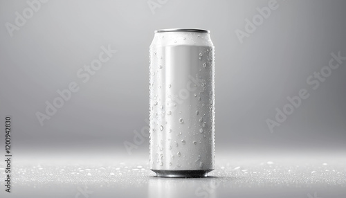 White 350ml Energy drink soda can mockup template with water droplets, isolated on light grey background. High resolution photo