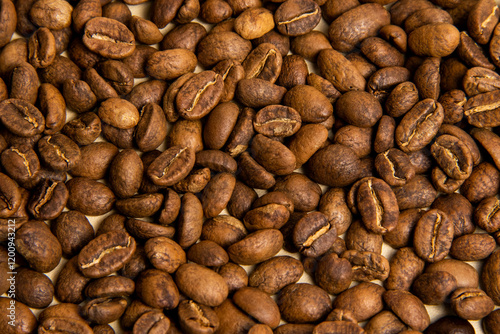 A high-quality photograph of carefully selected coffee beans, showcasing their rich texture and natural colors. Perfect for use as a background in designs, advertisements for coffee shops, cafes, or o
