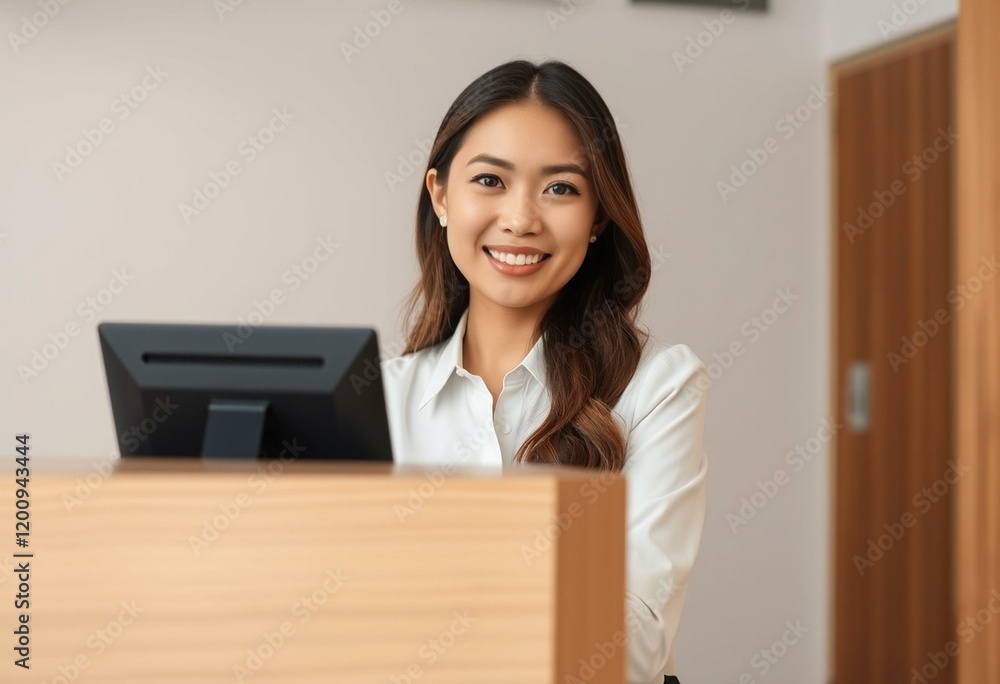 A friendly female receptionist sitting at a reception counter with a professional outfit and a warm smile. A friendly female receptionist sitting at a reception counter with a professional outfit and a warm smile.