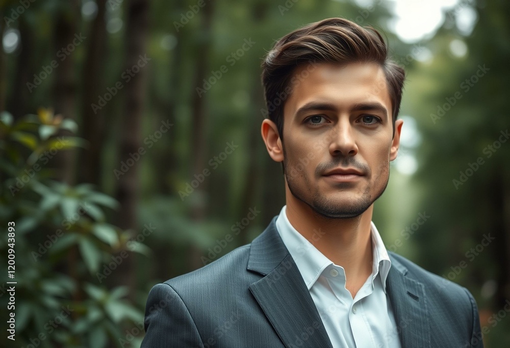 Male professional in business suit standing in forest Male professional in business suit standing in forest