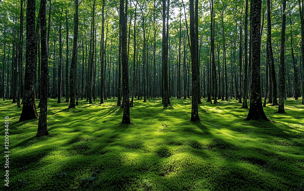 Fototapeta premium Sunlit forest with moss-covered ground.
