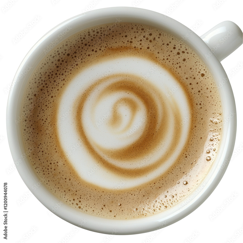 Artful coffee latte swirl creation, cozy , beverage photography, warm indoor setting, top-down view, serene atmosphere