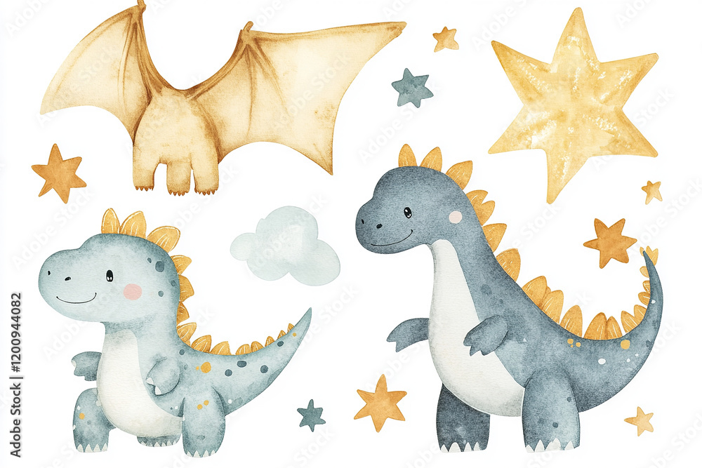 The image features whimsical illustrations of dinosaur characters, surrounded by stars, a cloud, and a pterodactyl