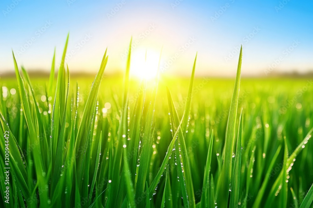 Fototapeta premium Close-up of dewy grass blades at sunrise in a lush green field