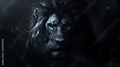 Majestic black lion portrait, dark background, fantasy art, game asset photo