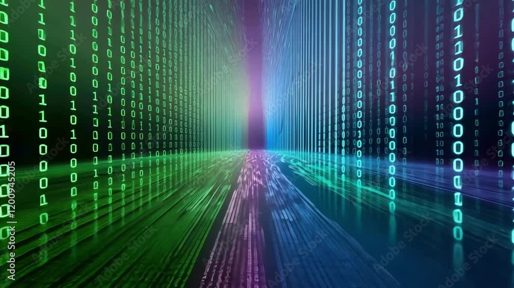 Dynamic digital visualization features vibrant binary flow, emphasizing technology and data processing dynamics Dynamic digital visualization features vibrant binary flow, emphasizing technology and data processing dynamics