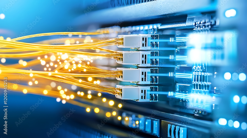Naklejka premium fiber optic network setup in modern data center with glowing cables