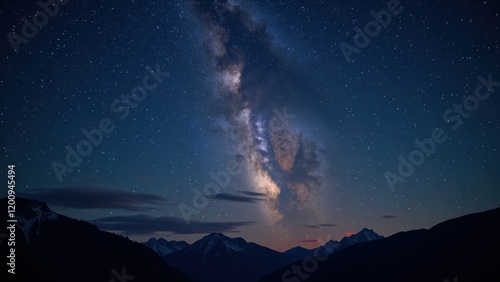 A mesmerizing nocturnal vista beneath the Milky Way's celestial arc, set against a deep indigo canvas dotted with twinkling stars, capturing nature’s serene grandeur