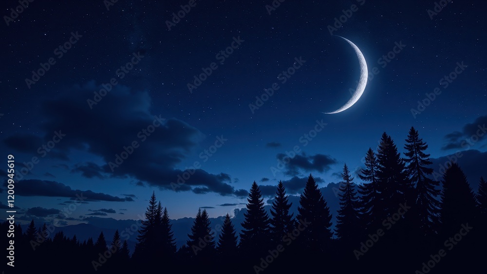 A dark blue nocturnal sky, sprinkled with twinkling stars, frames a crescent moon in the top right. Silhouetted pine trees anchor this serene scene A dark blue nocturnal sky, sprinkled with twinkling stars, frames a crescent moon in the top right. Silhouetted pine trees anchor this serene scene