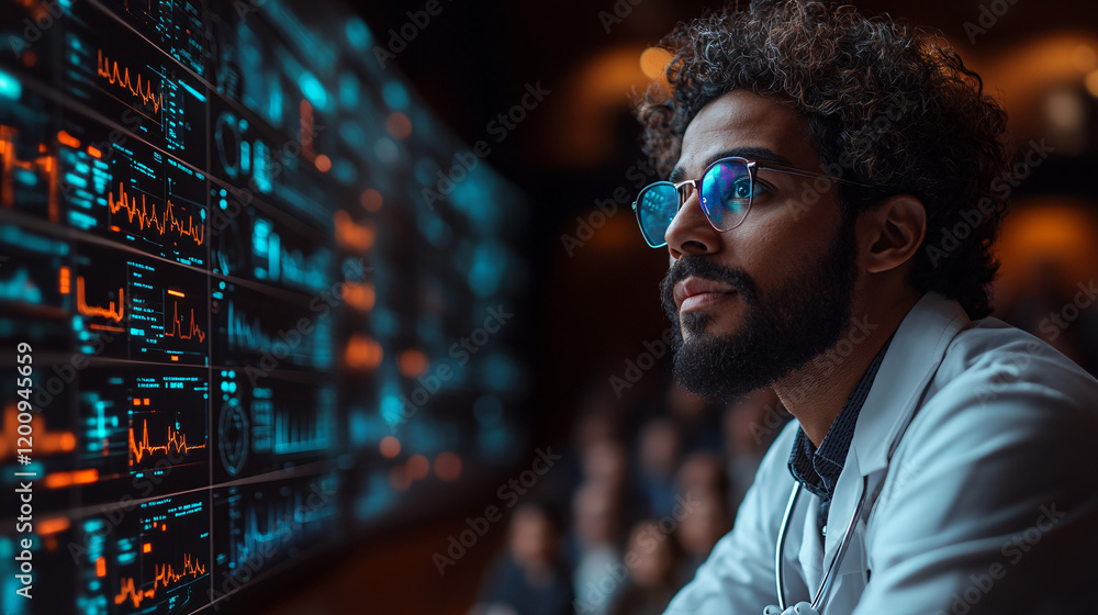 a man with a beard and glasses looking at a wall of data a man with a beard and glasses looking at a wall of data