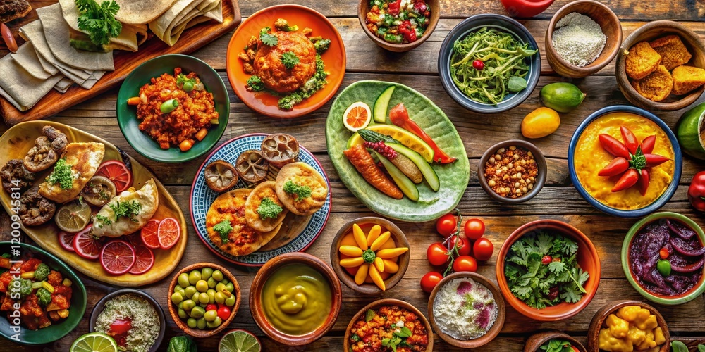 Aerial View of Colorful Mexican Food Fiesta, Overhead Shot of Delicious Dishes Aerial View of Colorful Mexican Food Fiesta, Overhead Shot of Delicious Dishes