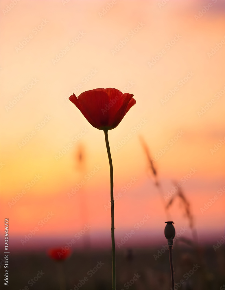 Obraz premium Silhouette of a Red Poppy Flower Against a Warm Sunset Sky