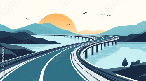 Road travel icon with highway curve and bridge for tourist company or travel group. Vector isolated symbol of motorway lane and horizon for road travel booking or ticketing agency office