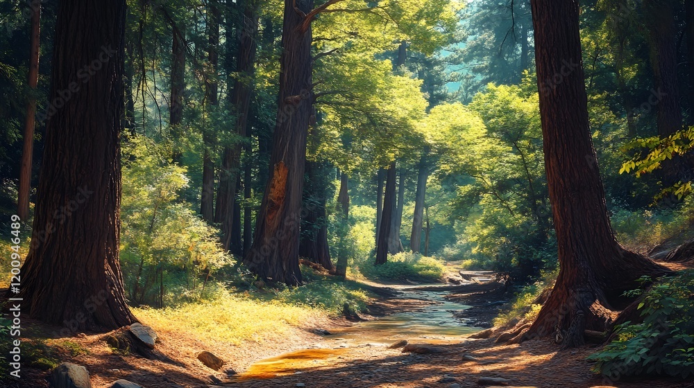 Fototapeta premium Sunlit Forest Stream Flows Through Ancient Redwood Trees