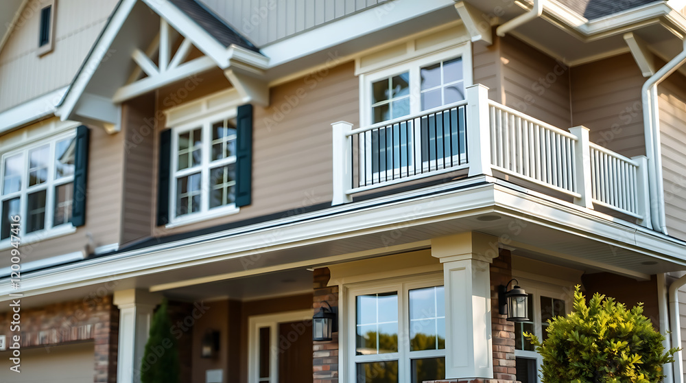 Luxury Home Exterior: Modern Architectural Design, Brick Facade, Balcony, and Spacious Porch Luxury Home Exterior: Modern Architectural Design, Brick Facade, Balcony, and Spacious Porch