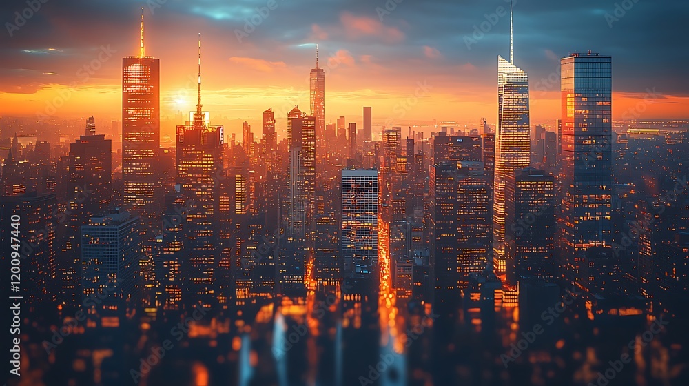 Fototapeta premium Manhattan Skyline Sunset Glowing Cityscape