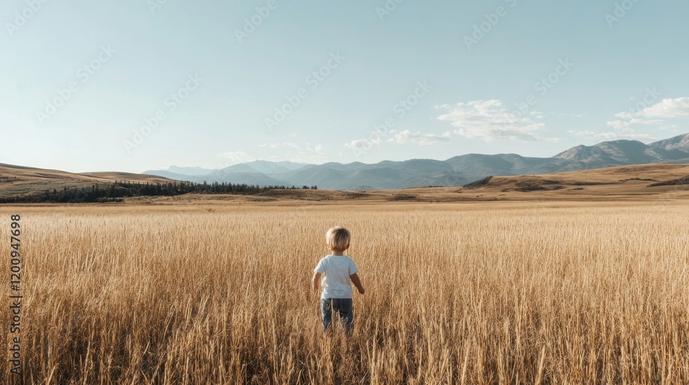 Toddler walking in a vast golden field, mountains in background. Toddler walking in a vast golden field, mountains in background.