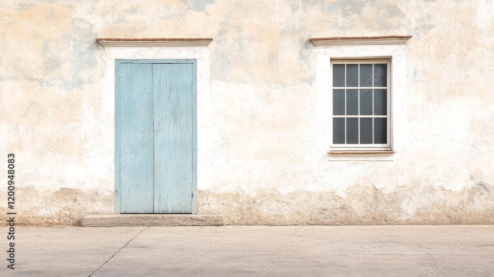 Weathered stucco wall with light blue door and window. Weathered stucco wall with light blue door and window.
