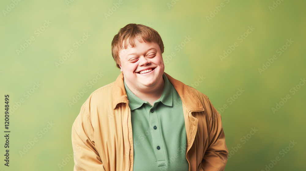 Portrait of smiling laughing man with Down syndrome green background.