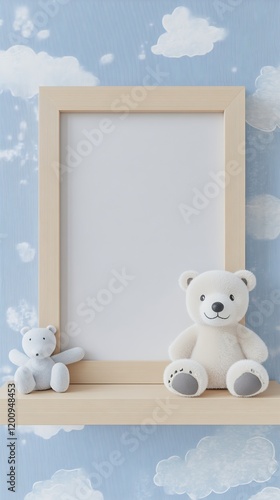 Teddy Bear Duo with Rectangular Frame on Cloud Wallpaper for Kids Room : Generative AI