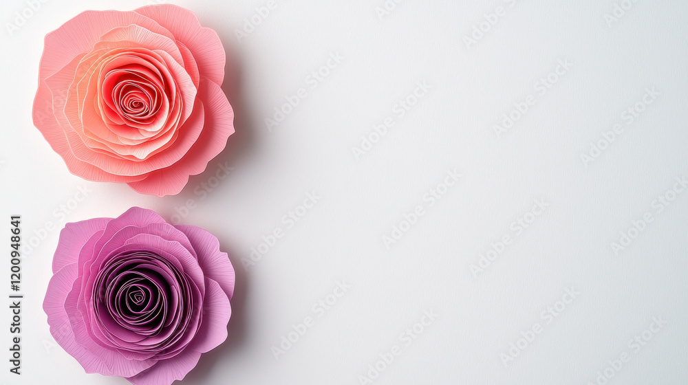 Paper cut roses in pink and lavender on white background, minimal and elegant blank background space for text Paper cut roses in pink and lavender on white background, minimal and elegant blank background space for text
