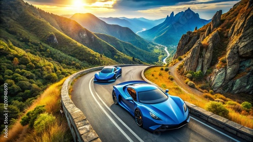 Aerial View of Luxury Hypercars on a Mountain Road photo