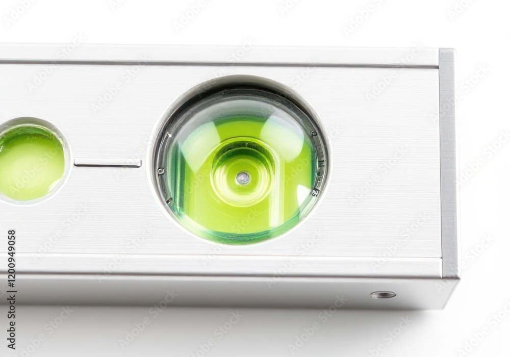 High-Resolution Close-up of a Professional-Grade Aluminum Spirit Level with Bright Green Fluid Indicators High-Resolution Close-up of a Professional-Grade Aluminum Spirit Level with Bright Green Fluid Indicators