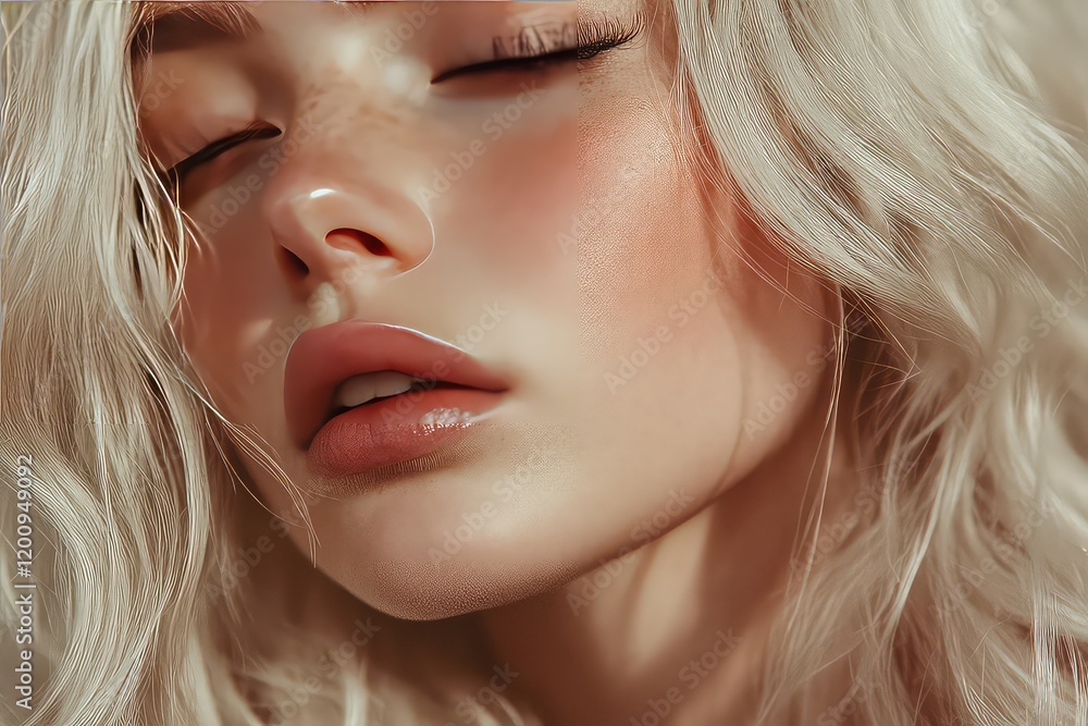 Naklejka premium A close-up of a woman with shimmering blonde hair, soft waves framing her face, paired with natural makeup and delicate false lashes.