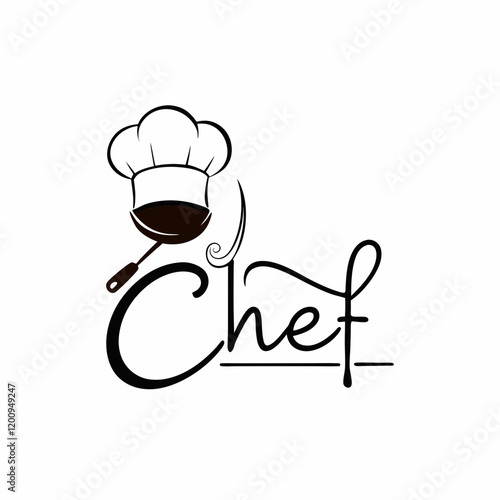 A minimalist chefs silhouette with lines forming a frying pan on one side and a spoon on the other, balanced symmetrically