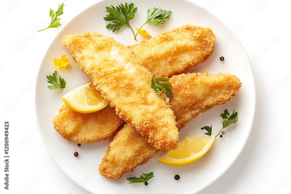 Plate of perfectly breaded fish fillets with lemon wedges and parsley garnish : Generative AI Plate of perfectly breaded fish fillets with lemon wedges and parsley garnish : Generative AI