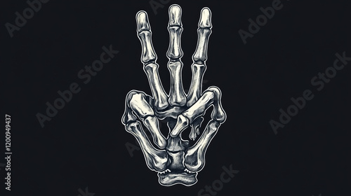 Hand bone tattoo, victory gesture of skeleton hand, vector peace sign. Hard rock finger bones in victory symbol, rockers or heavy metal skeleton death rising V sign for t-shirt print photo