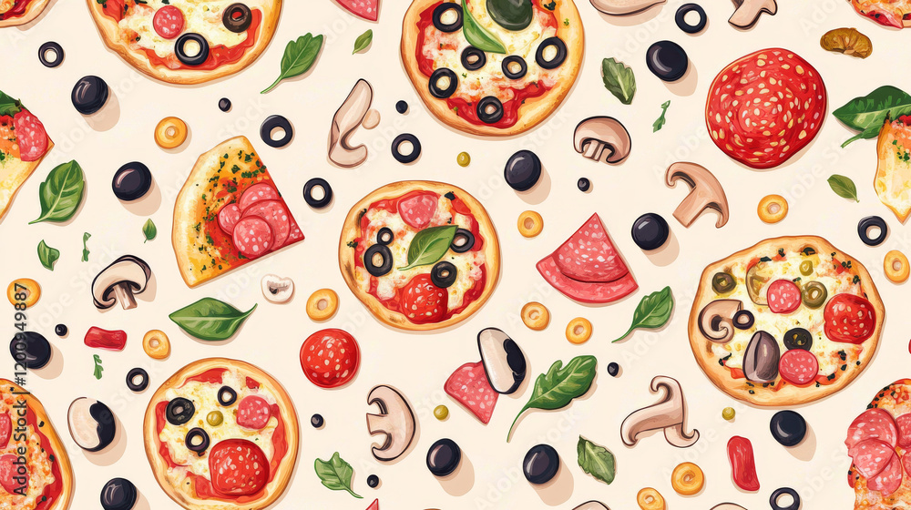 Pizza seamless pattern. Italian cuisine background of vector flat pizza icons. with vegetables, meat, mushrooms, cheese, olive, salami, oregano. Decoration pattern for pizzeria restaurant Pizza seamless pattern. Italian cuisine background of vector flat pizza icons. with vegetables, meat, mushrooms, cheese, olive, salami, oregano. Decoration pattern for pizzeria restaurant