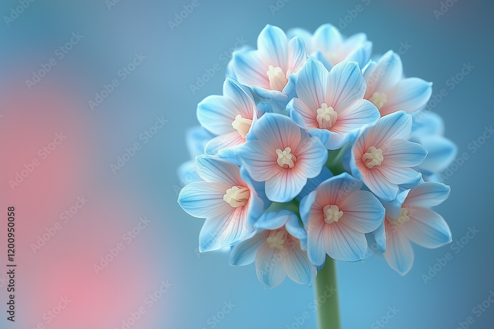 Fototapeta premium Delicate blue hyacinth flowers with soft pink accents, artistic floral arrangement on blurred background