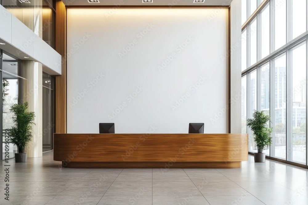 Contemporary reception desk, wooden tones and blank wall mockup add modern balance. Contemporary reception desk, wooden tones and blank wall mockup add modern balance.