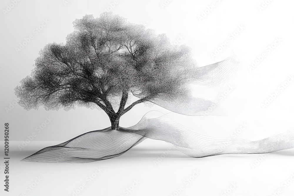 A futuristic concept of a tree in wireframe design, showing transparency and shade interplay in a digital art style. A futuristic concept of a tree in wireframe design, showing transparency and shade interplay in a digital art style.