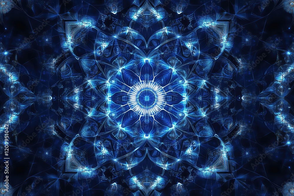 Obraz premium A futuristic design with glowing blue circular lines forming intricate geometric patterns on a dark blue background.
