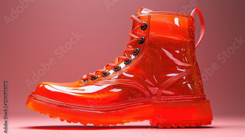 Translucent orange boot with laces, thick sole, and a pink background.