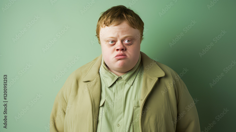 Portrait of smiling laughing man with Down syndrome green background. Portrait of smiling laughing man with Down syndrome green background.