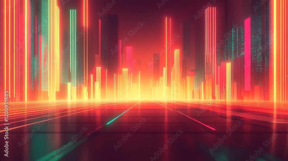 Neon Cityscape Illuminated At Night With Bright Lights Neon Cityscape Illuminated At Night With Bright Lights