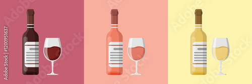 Wine bottles with glasses icon in flat style. Alcohol drink vector illustration on isolated background. Champagne beverage sign business concept.