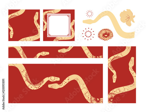 Chinese New Year 2025 web social media templates snake elements fireworks various sizes 12 red