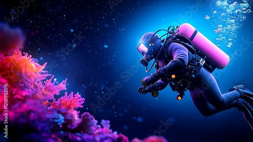 Pixel Art Scuba Diver Exploring Glowing Coral Reef at Night photo