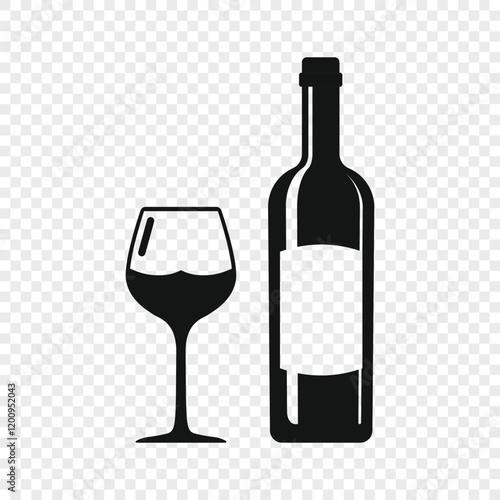 Wine bottle with glass icon in flat style. Alcohol drink vector illustration on isolated background. Champagne beverage sign business concept.