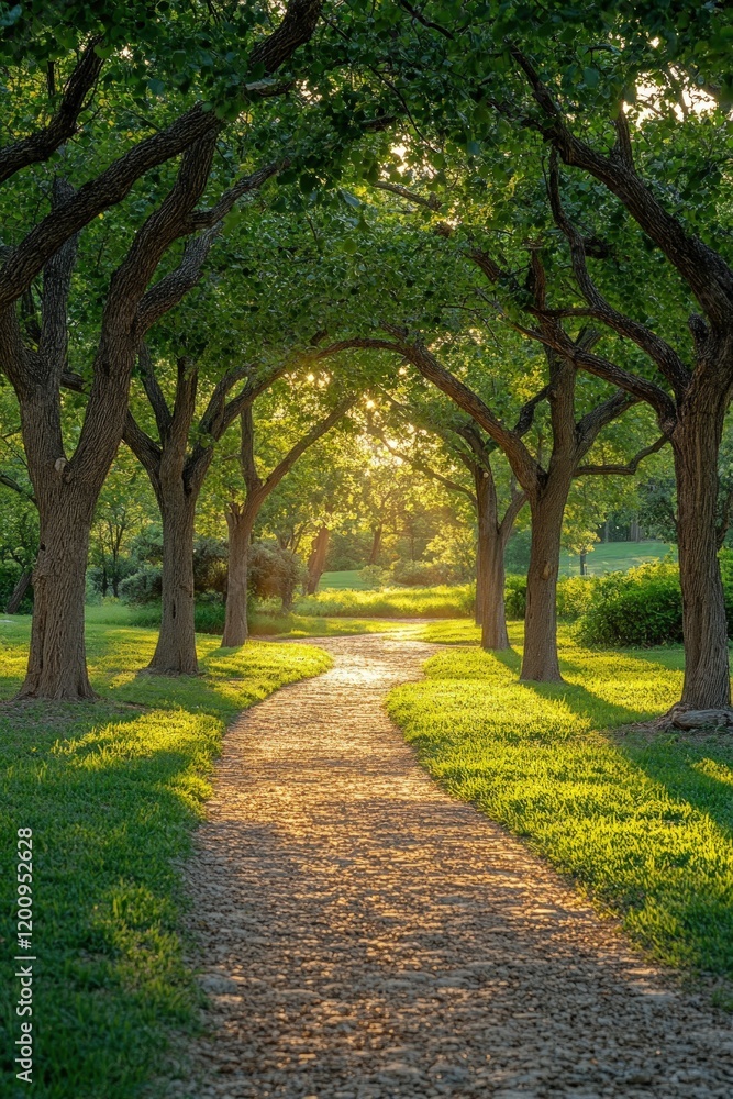 Sunlit path through arching trees, grassy. Sunlit path through arching trees, grassy.