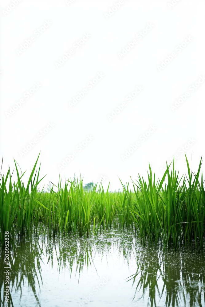 Obraz premium Lush green rice plants reflected in tranquil waters under a clear white sky.