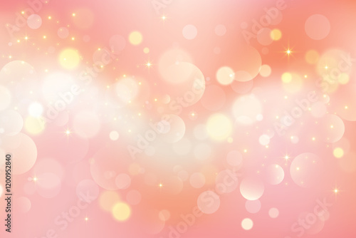 Light pink background with bokeh. Abstract golden glitter texture. Beige gradient with star glow. Ivory pastel blurred backdrop wedding invitation design. Nude peach elegant vector gradation wallpaper