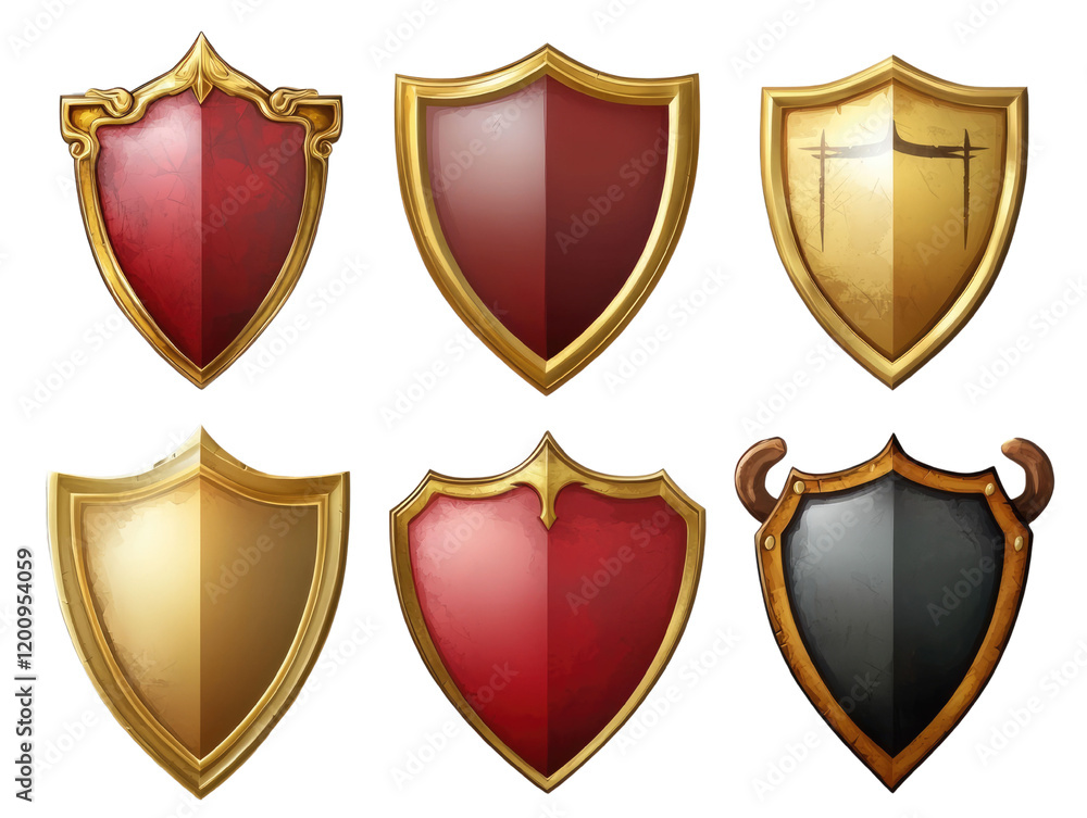 Set of medieval gold and red colored shield on white background Set of medieval gold and red colored shield on white background