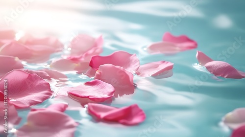 Soft pink rose petals gently floating in a serene pastel background creating a calm and peaceful ambiance