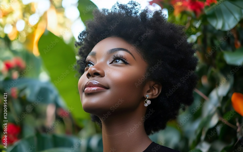 Woman with afro looking up, surrounded by lush greenery. Woman with afro looking up, surrounded by lush greenery.